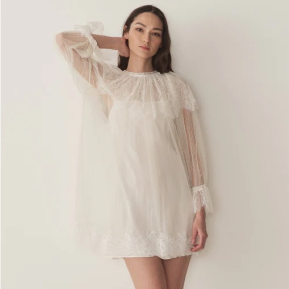 NWT Doen Lilith Lace Tulle Ruffle Collar Long Sleeve Mini Dress Crème de Lune - Picture 2 of 16